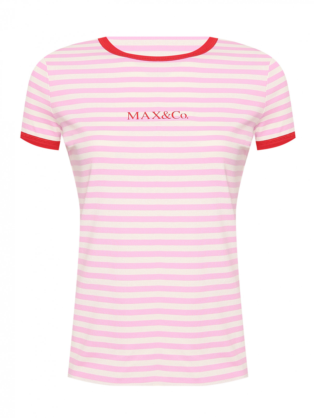 Футболка из хлопка с логотипом и узором "Полоска" Max&Co  –  Общий вид  – Цвет:  Розовый