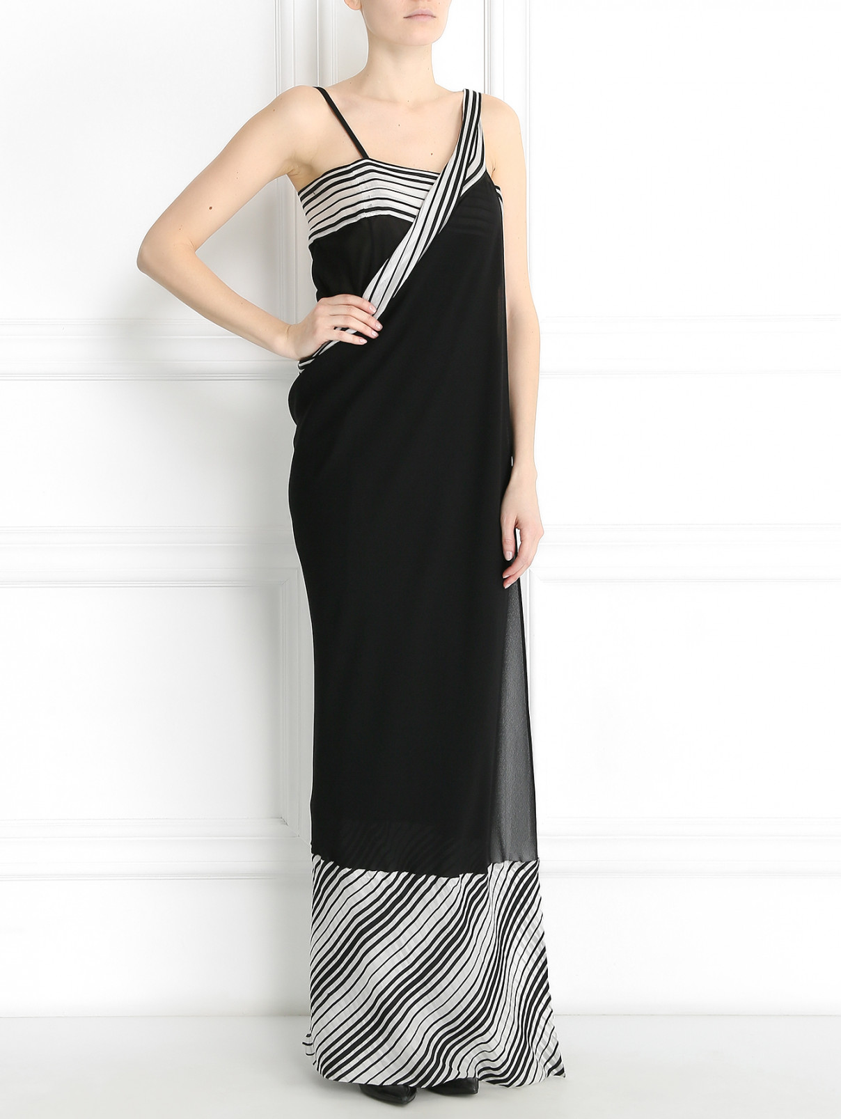 Платье-макси из шелка с узором "полоска" Jean Paul Gaultier  –  Модель Общий вид  – Цвет:  Черный