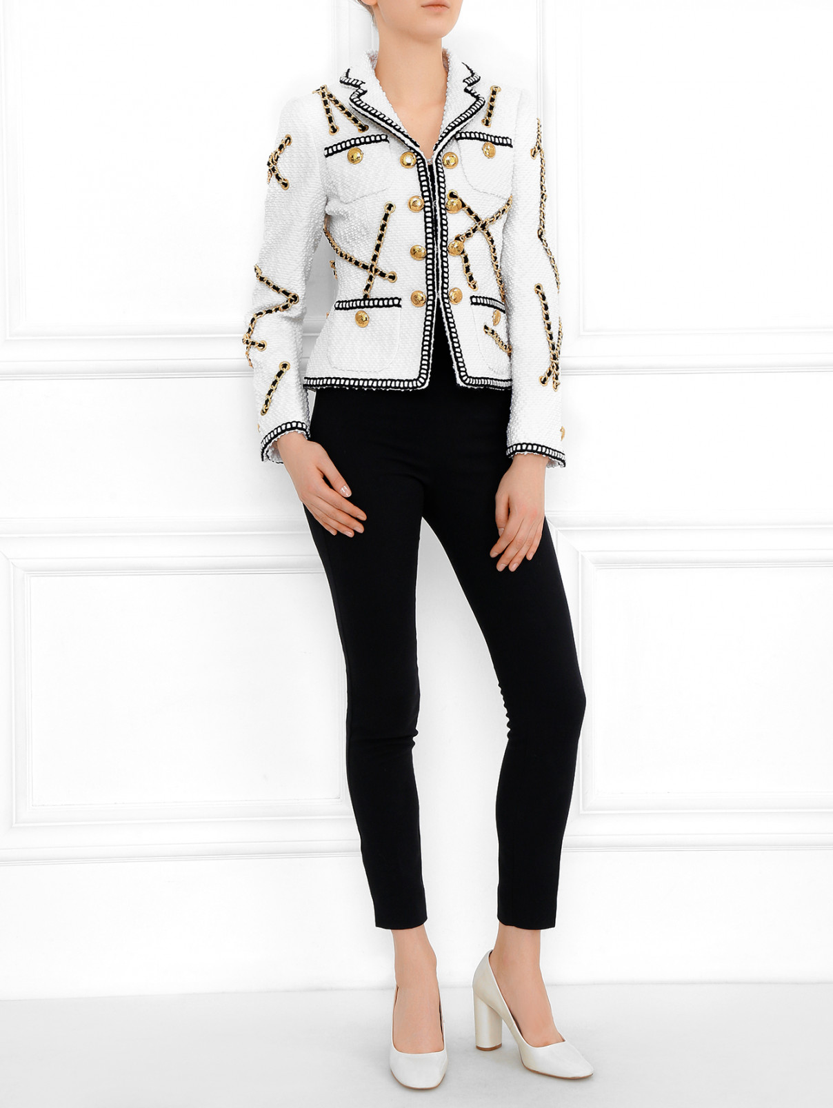 Укороченный жакет из хлопка с декором Moschino Couture  –  Модель Общий вид  – Цвет:  Белый