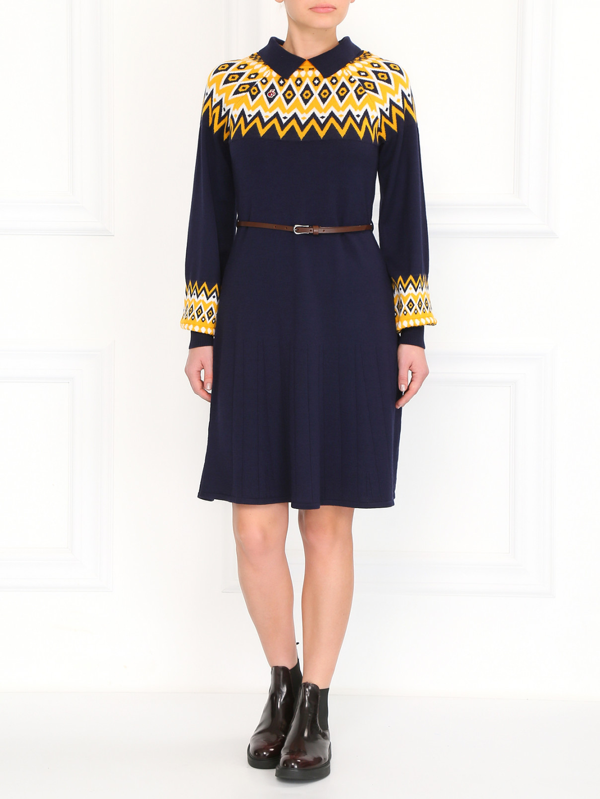 Платье из шерсти с кожаным поясом BOSCO  –  Модель Общий вид  – Цвет:  Синий
