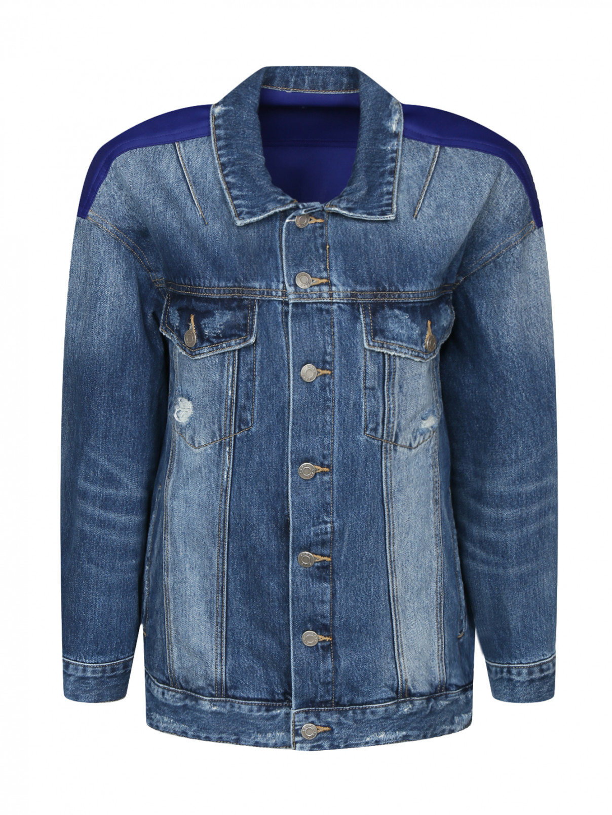 Удлиненная джинсовая куртка с принтом на спине Sjyp  –  Общий вид  – Цвет:  Синий