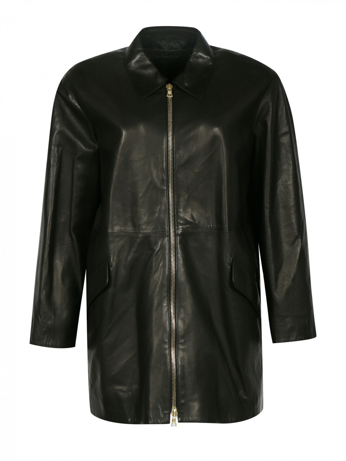 Удлиненная куртка из кожи с боковыми карманами DROMe  –  Общий вид  – Цвет:  Черный