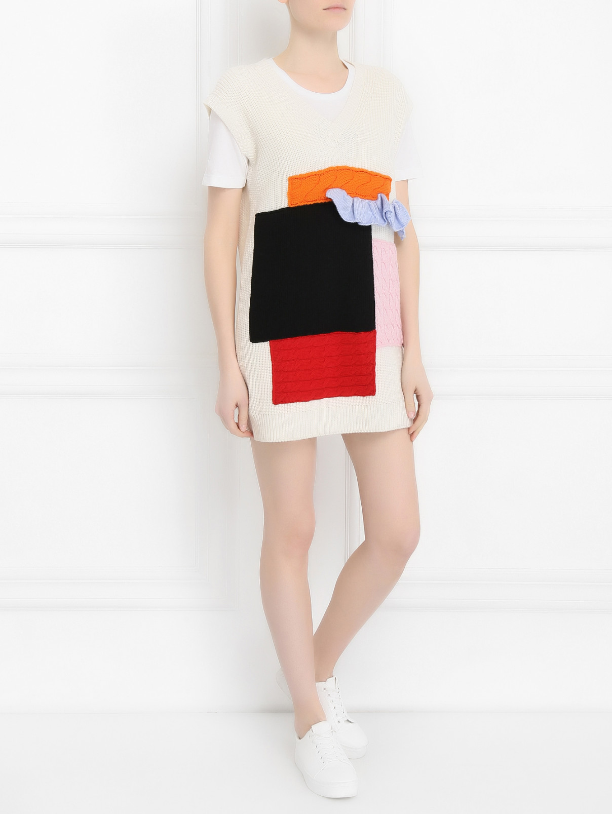 Платье из шерсти крупной вязки с аппликацией MSGM  –  Модель Общий вид  – Цвет:  Белый