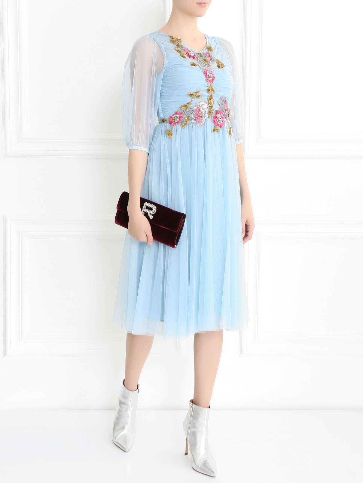 Полупрозрачное платье-миди декорированное вышивкой Antonio Marras  –  Модель Общий вид  – Цвет:  Синий