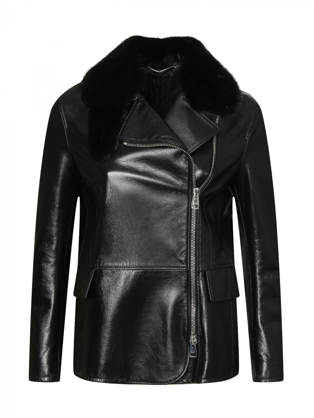 Куртка из кожи с воротником из меха норки Ermanno Scervino  –  Общий вид  – Цвет:  Черный