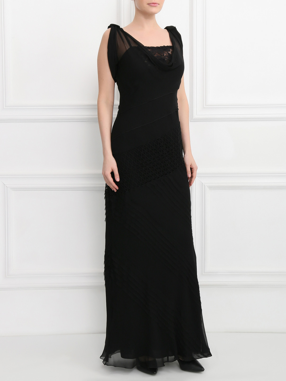 Платье-макси из шелка с отделкой из кружева Alberta Ferretti  –  Модель Общий вид  – Цвет:  Черный
