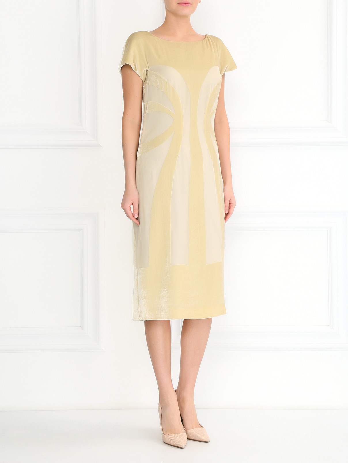 Платье-миди с вставками из бархата Alberta Ferretti  –  Модель Общий вид  – Цвет:  Бежевый