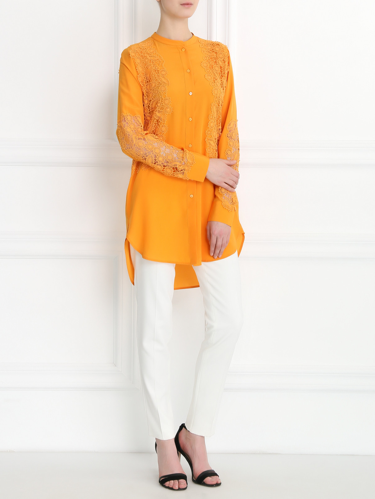 Удлиненная блуза из шелка с цветочной вышивкой Ermanno Scervino  –  Модель Общий вид  – Цвет:  Оранжевый