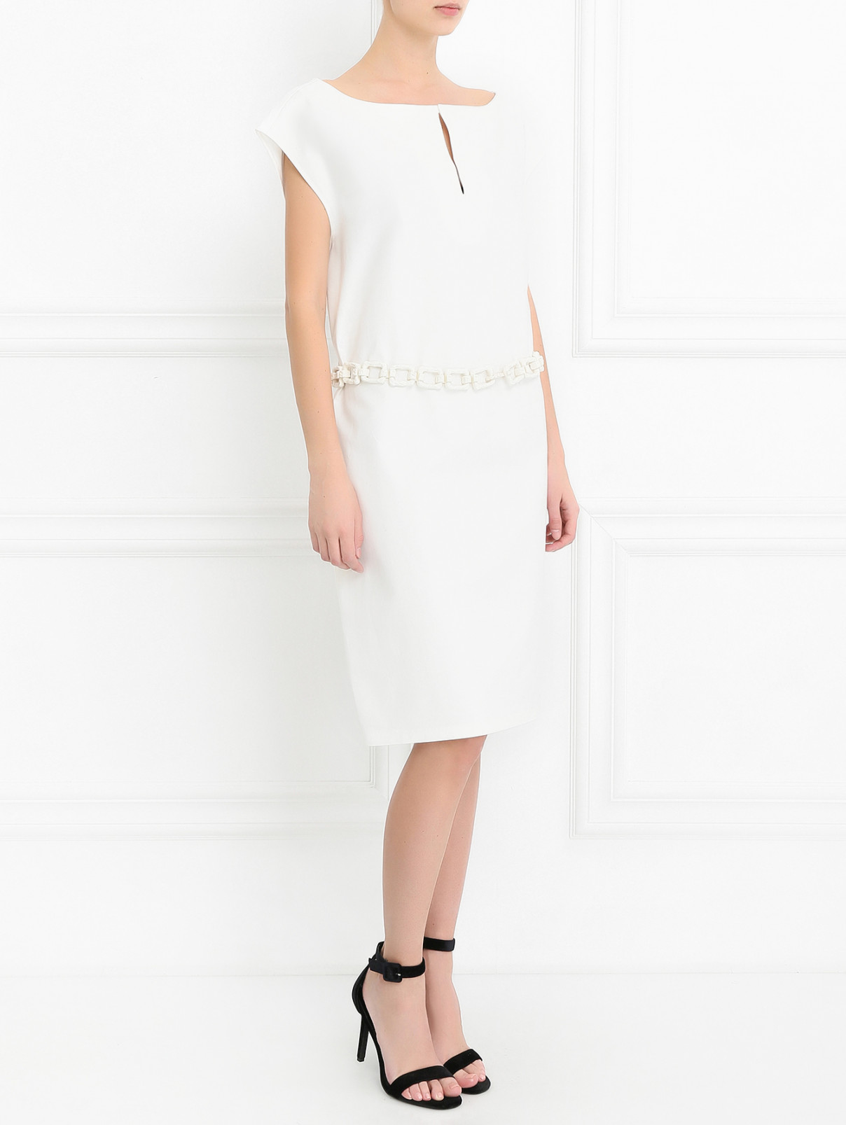 Платье из хлопка с декоративным поясом Moschino  –  Модель Общий вид  – Цвет:  Белый