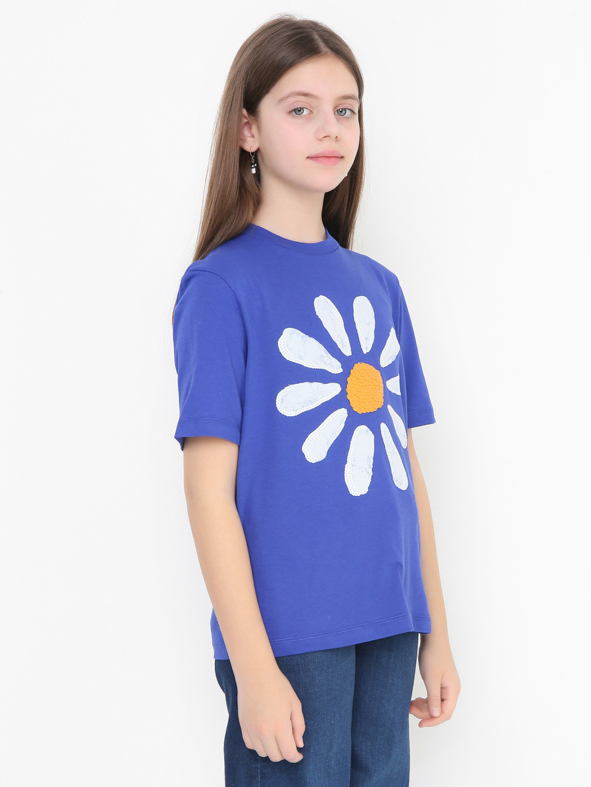 Хлопковая футболка с пайетками Marni  –  МодельВерхНиз  – Цвет:  Синий