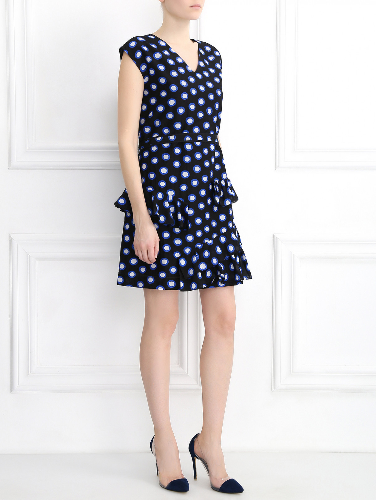 Платье-мини из хлопка и шелка с узором "горох" Moschino Boutique  –  Модель Общий вид  – Цвет:  Черный