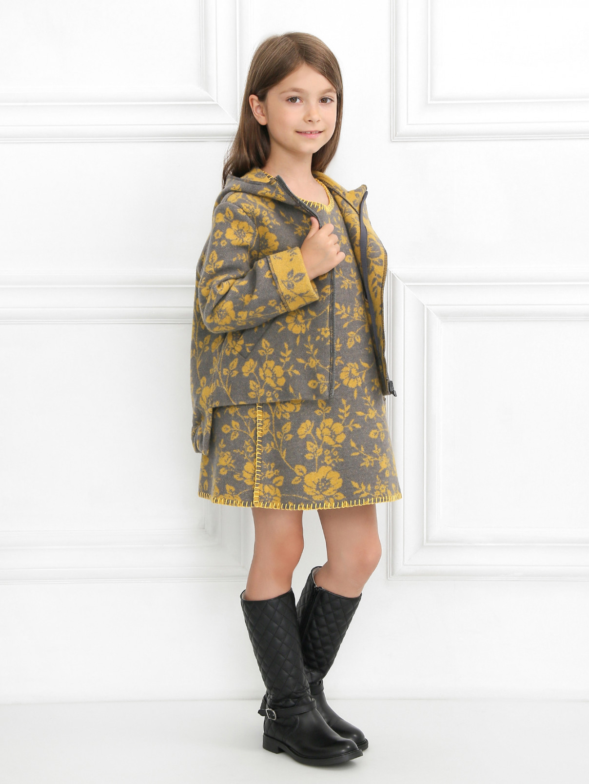 Пальто из шерсти с цветочным узором MiMiSol  –  Модель Общий вид  – Цвет:  Серый
