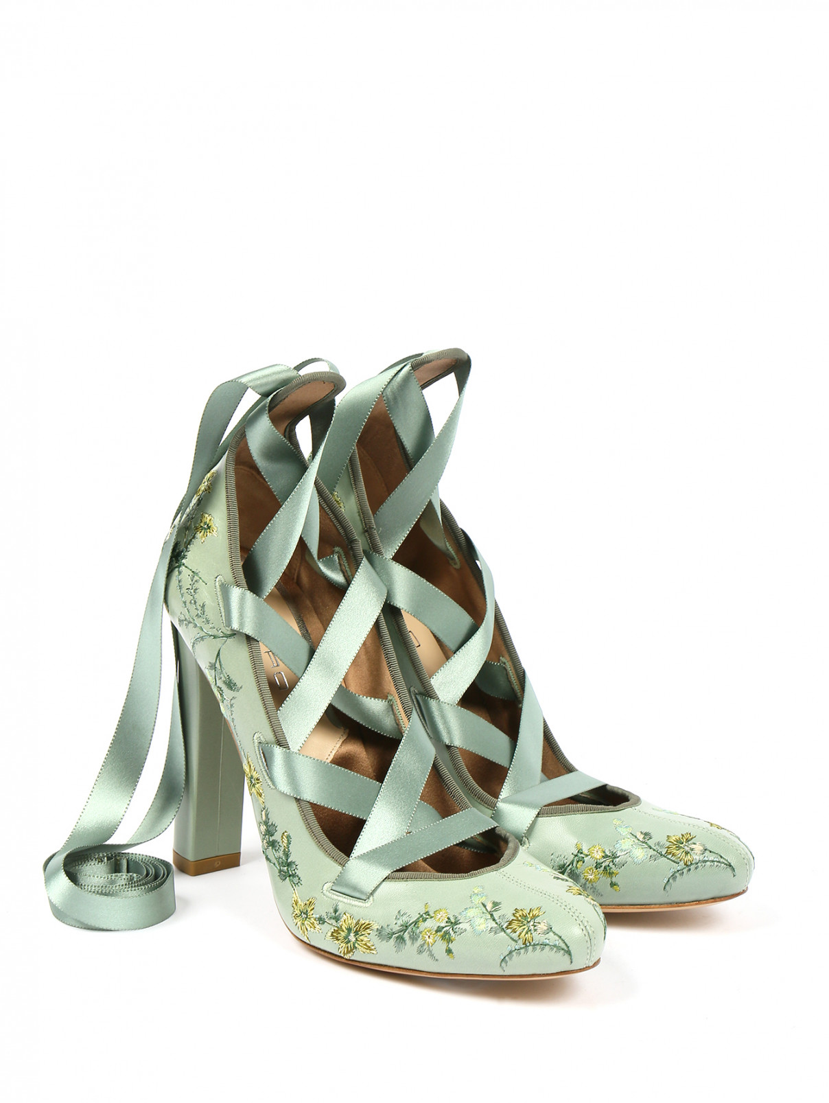 Туфли из кожи на высоком каблуке с вышивкой и шелковыми лентами Etro  –  Общий вид  – Цвет:  Зеленый