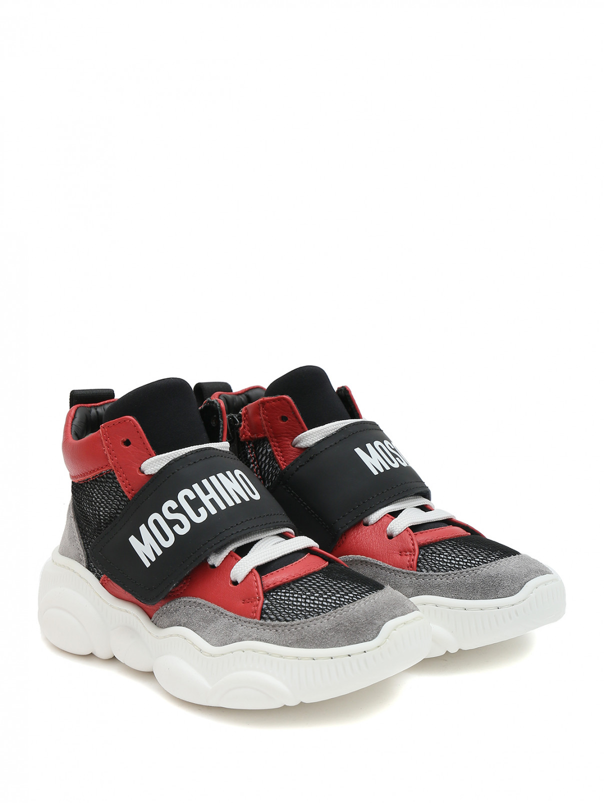Высокие ботинки из кожи и сетки Moschino  –  Общий вид  – Цвет:  Серый