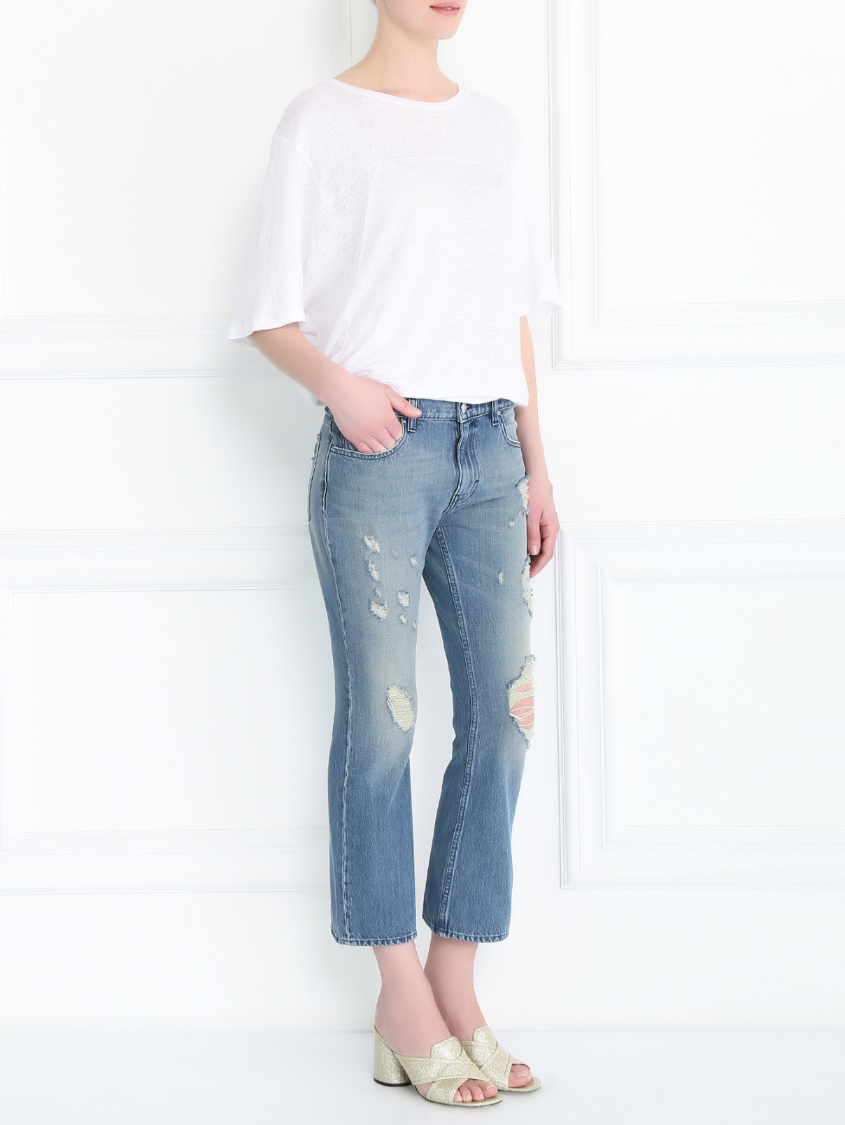Укороченные джинсы из светлого денима с потертостями Iro  –  Модель Общий вид  – Цвет:  Синий