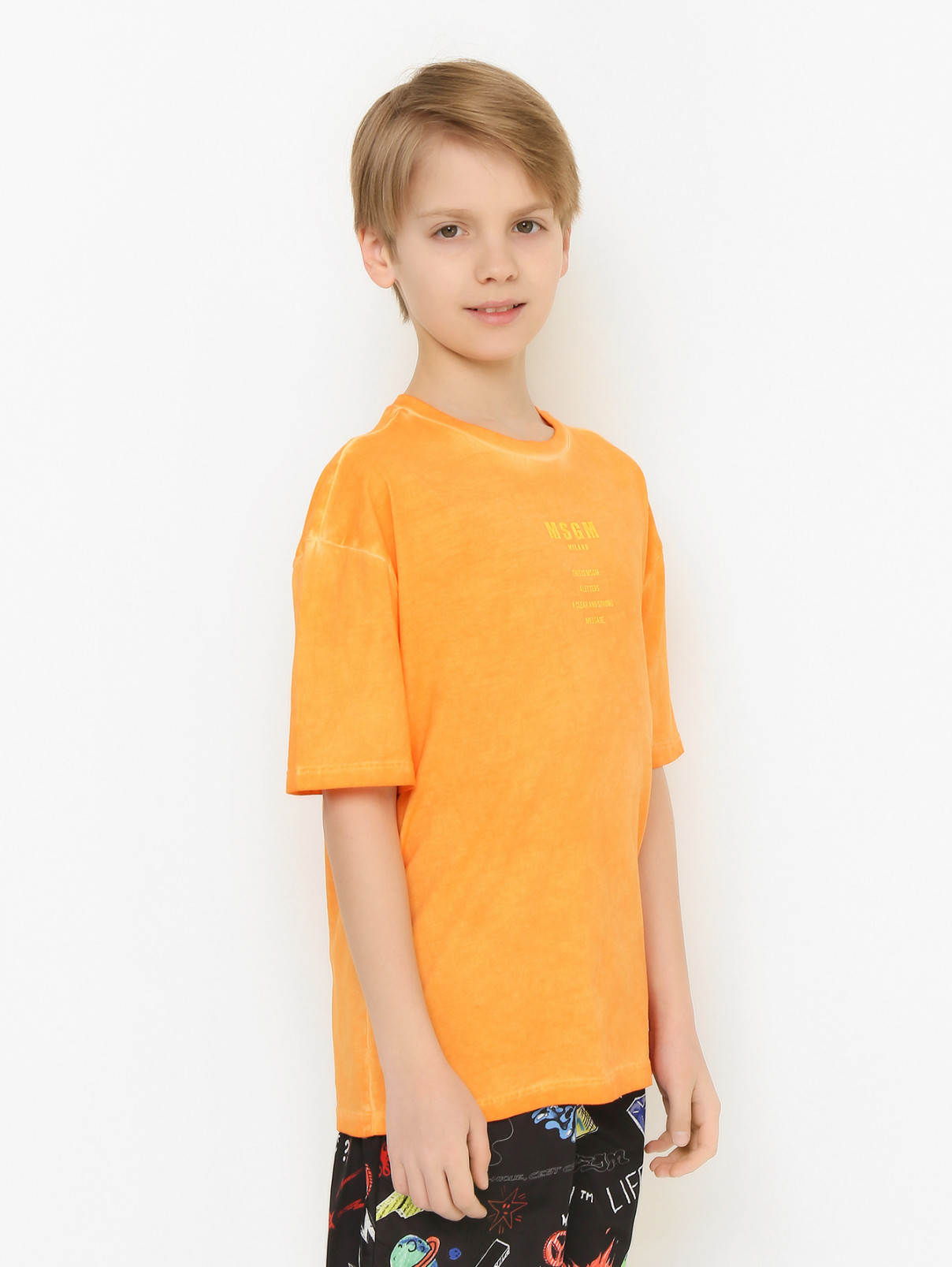 Трикотажная футболка с принтом MSGM  –  МодельВерхНиз  – Цвет:  Оранжевый