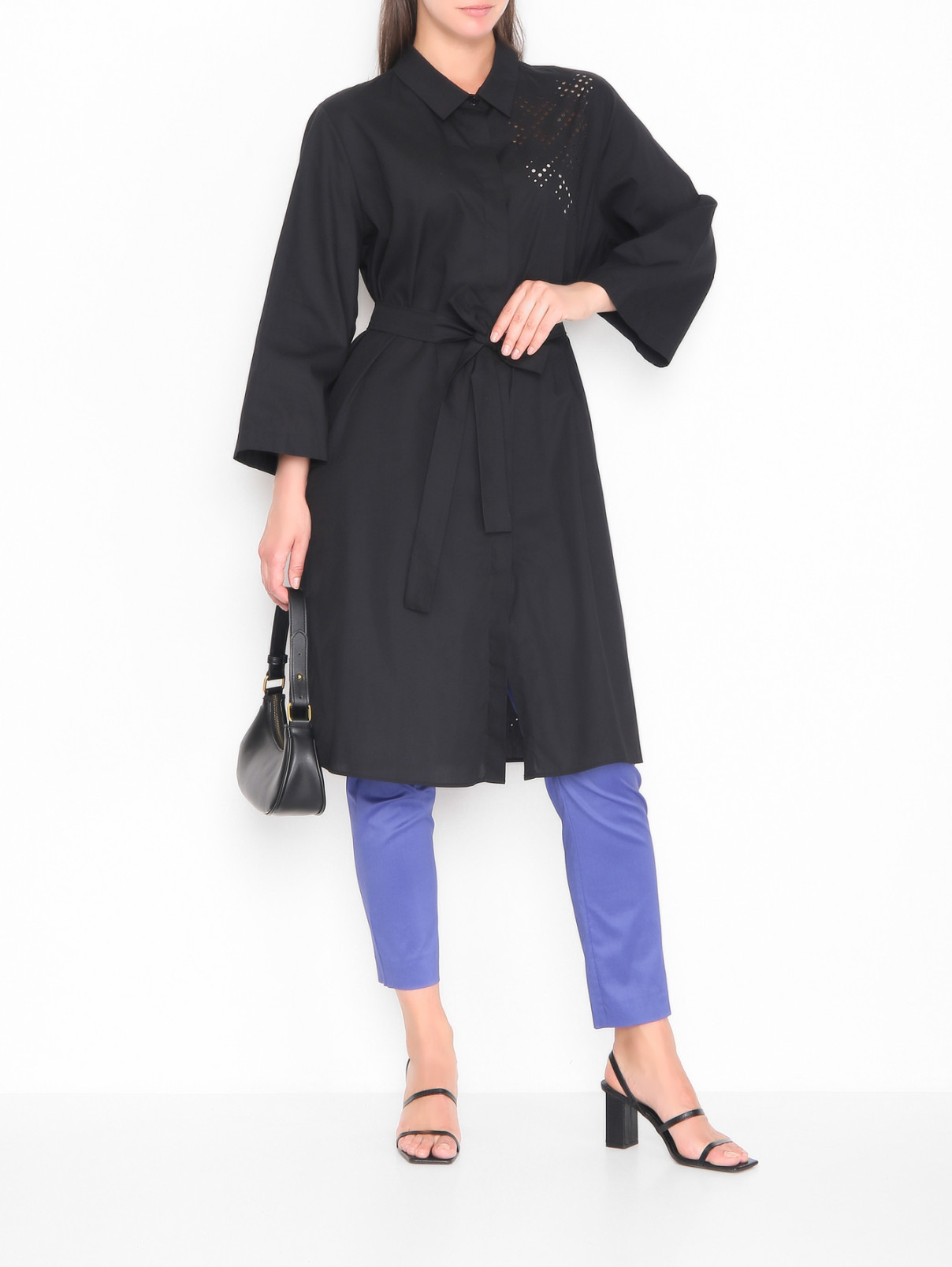 Блуза из хлопка с поясом Persona by Marina Rinaldi  –  МодельОбщийВид  – Цвет:  Черный
