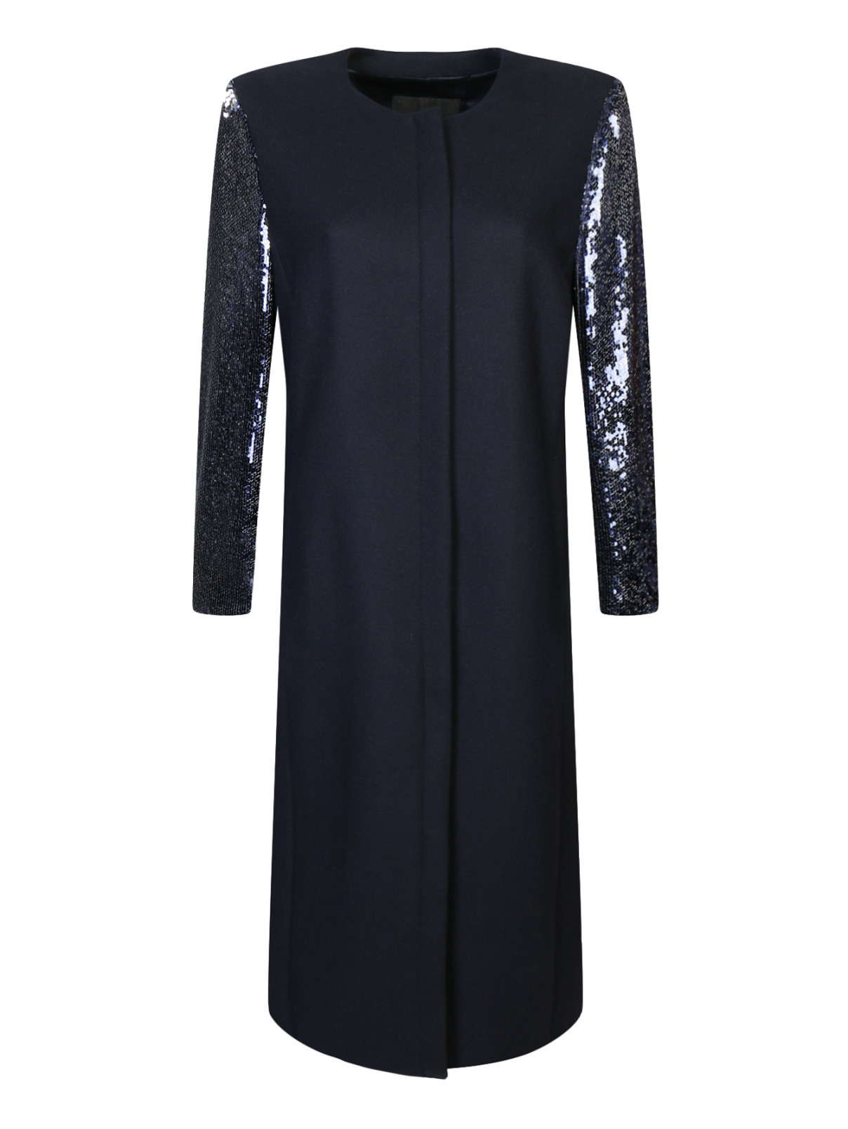 Пальто из шерсти декорированное пайетками Marina Rinaldi  –  Общий вид  – Цвет:  Синий