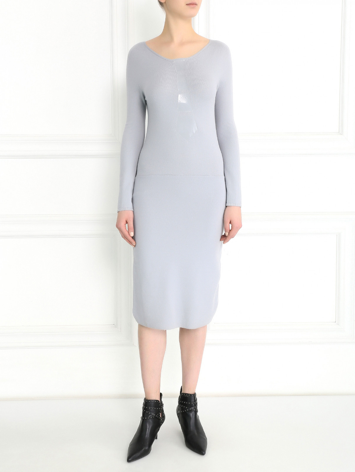 Трикотажное платье-миди с длинными рукавами Emporio Armani  –  Модель Общий вид  – Цвет:  Синий
