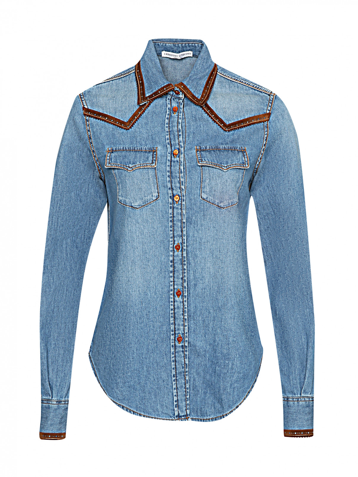 Рубашка из денима с контрастной отделкой Ermanno Scervino  –  Общий вид  – Цвет:  Синий