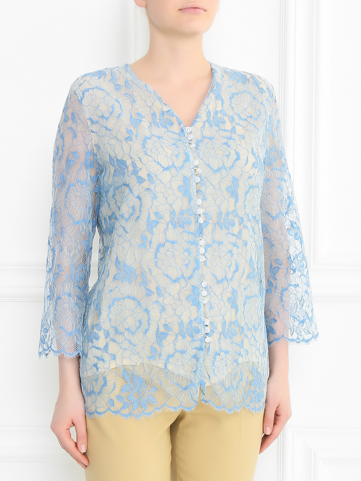 Блуза из смесового хлопка с кружевной отделкой Vilshenko  –  Модель Верх-Низ  – Цвет:  Синий