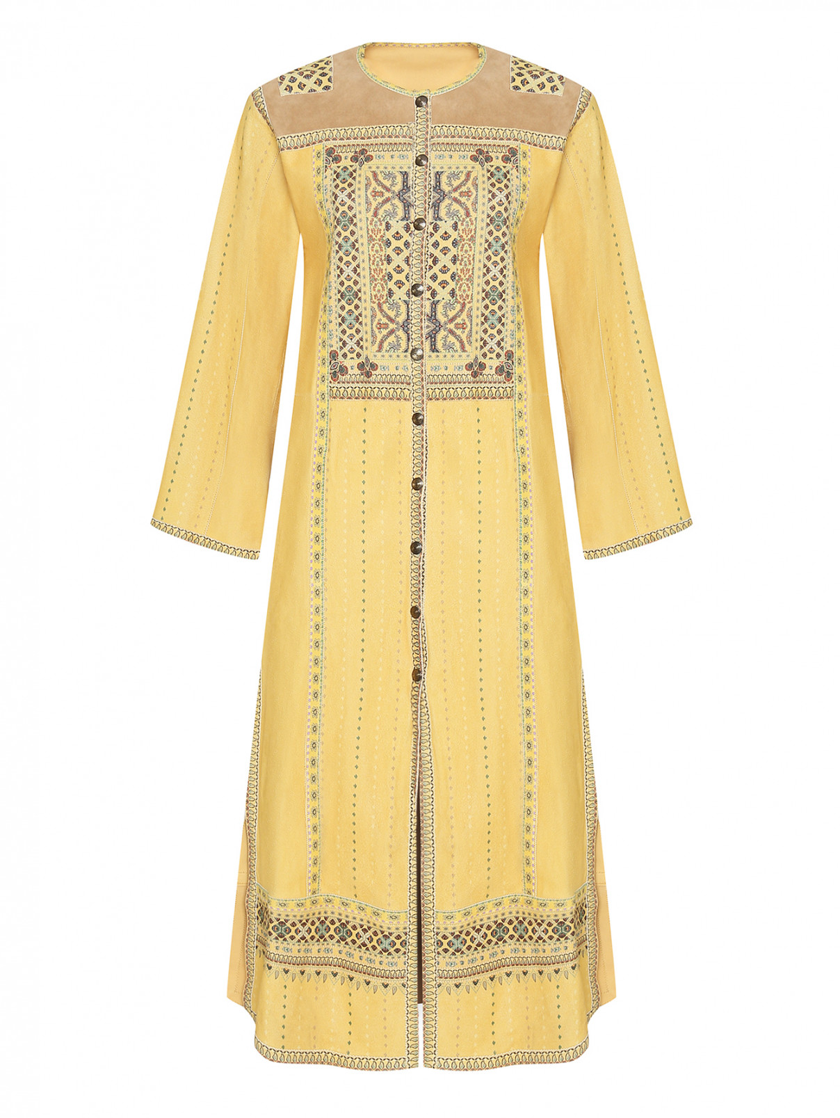 Платье-миди из замши с узором Etro  –  Общий вид  – Цвет:  Желтый