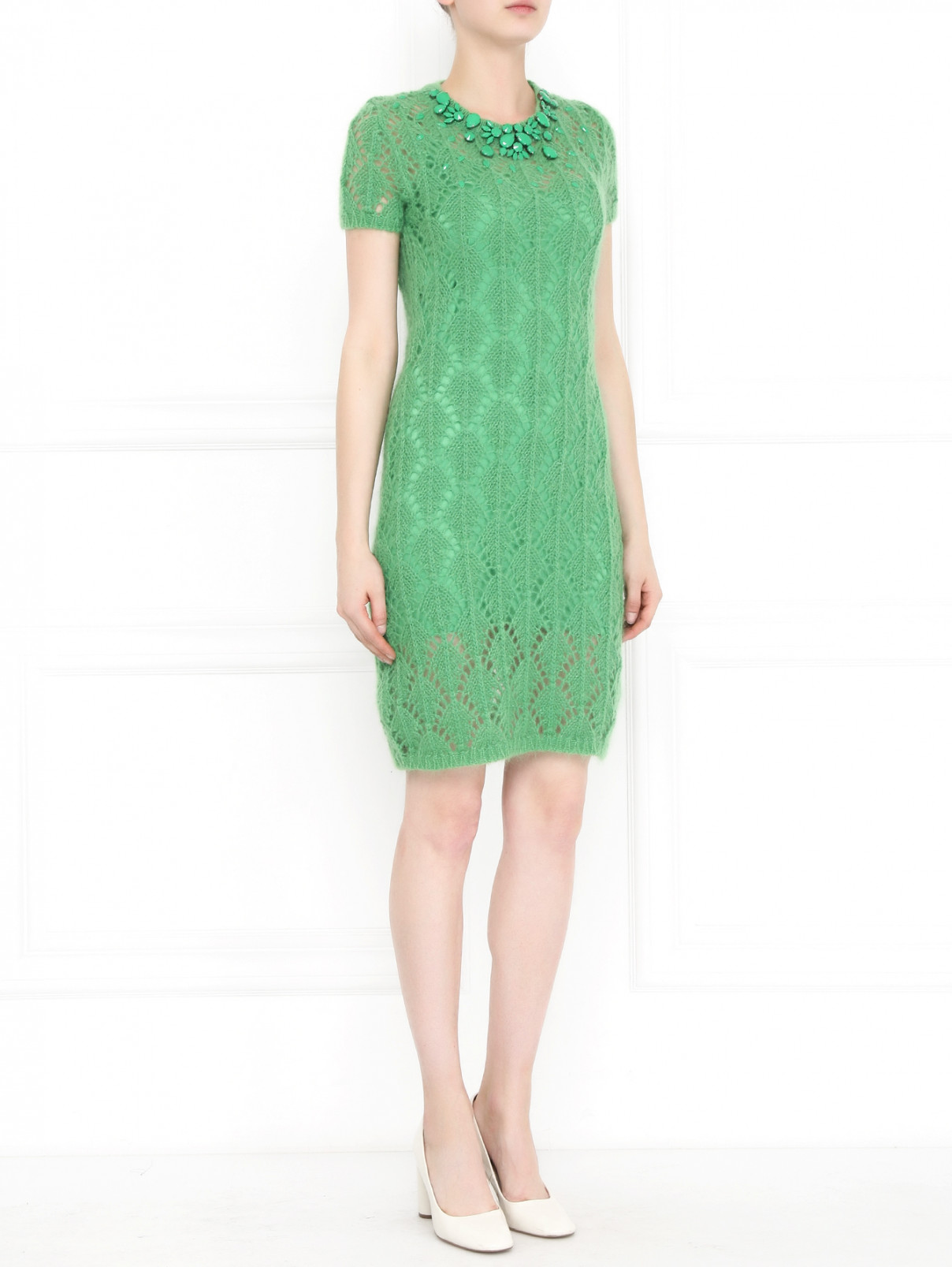 Платье из шерсти  декорированное камнями Ermanno Scervino  –  Модель Общий вид  – Цвет:  Зеленый