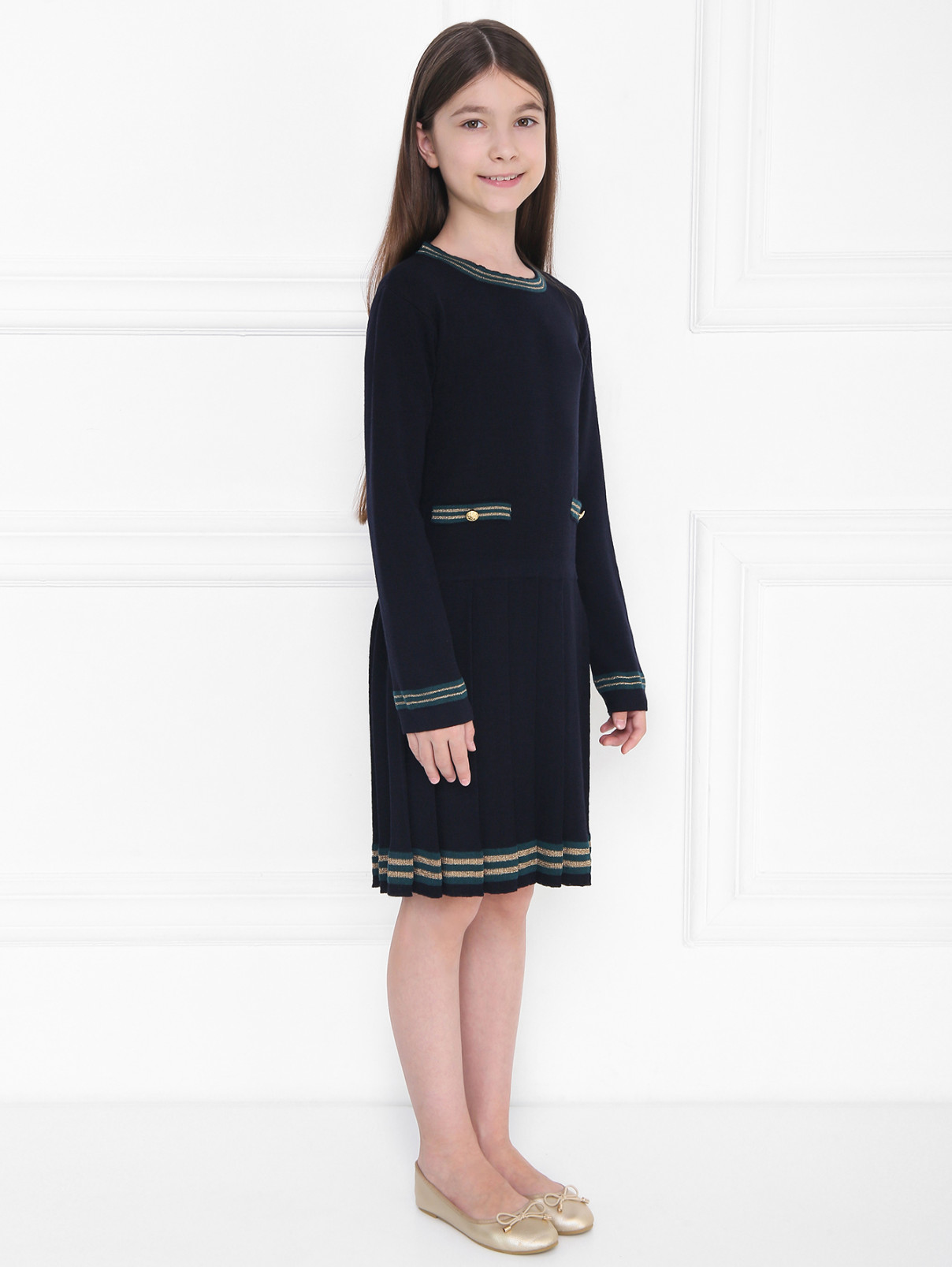 Платье из шерсти с декоративной отделкой Aletta Couture  –  МодельВерхНиз  – Цвет:  Синий