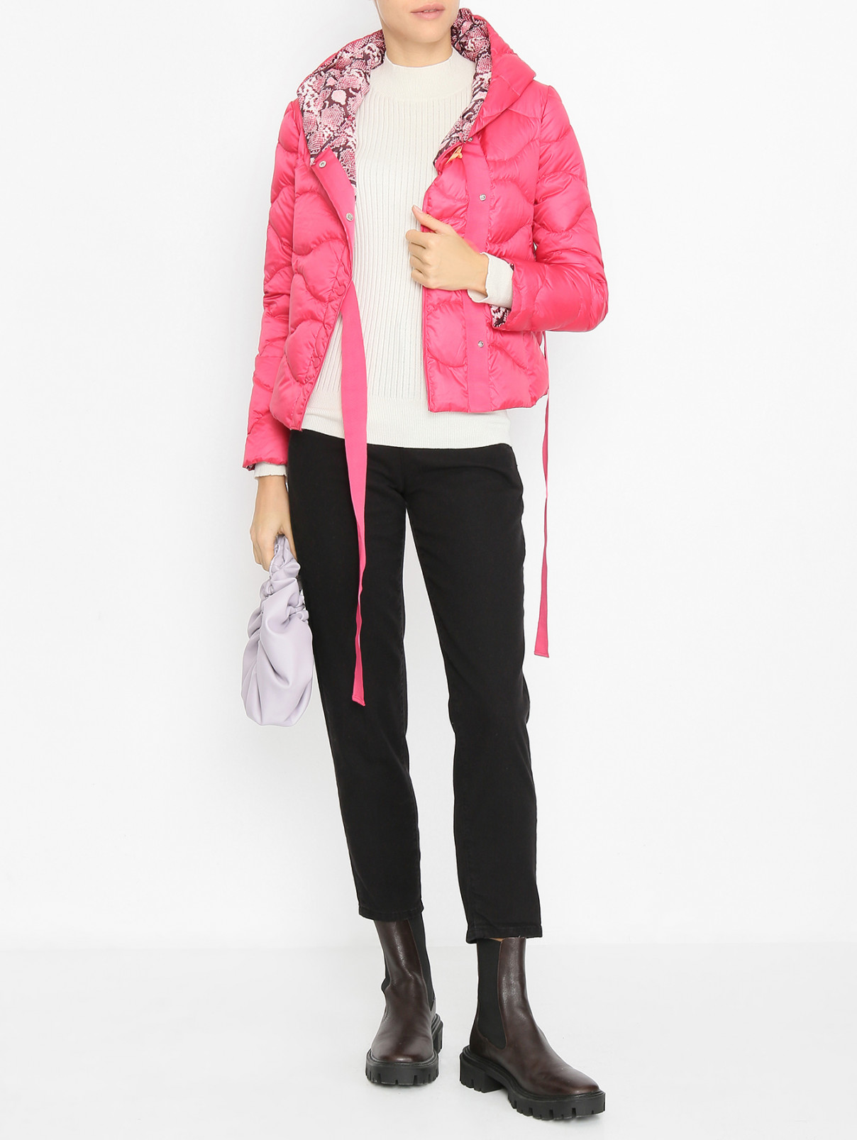 Куртка однотонная на кнопках с капюшоном Max&Co  –  МодельОбщийВид  – Цвет:  Розовый