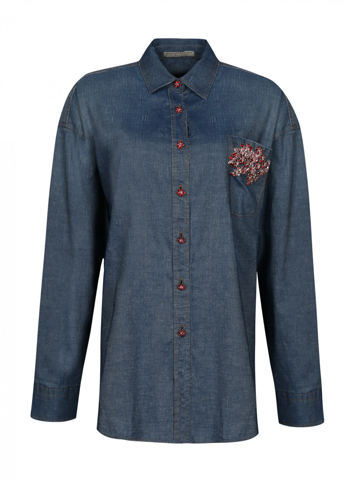 Рубашка из хлопка и льна с декором Ermanno Scervino  –  Общий вид  – Цвет:  Синий