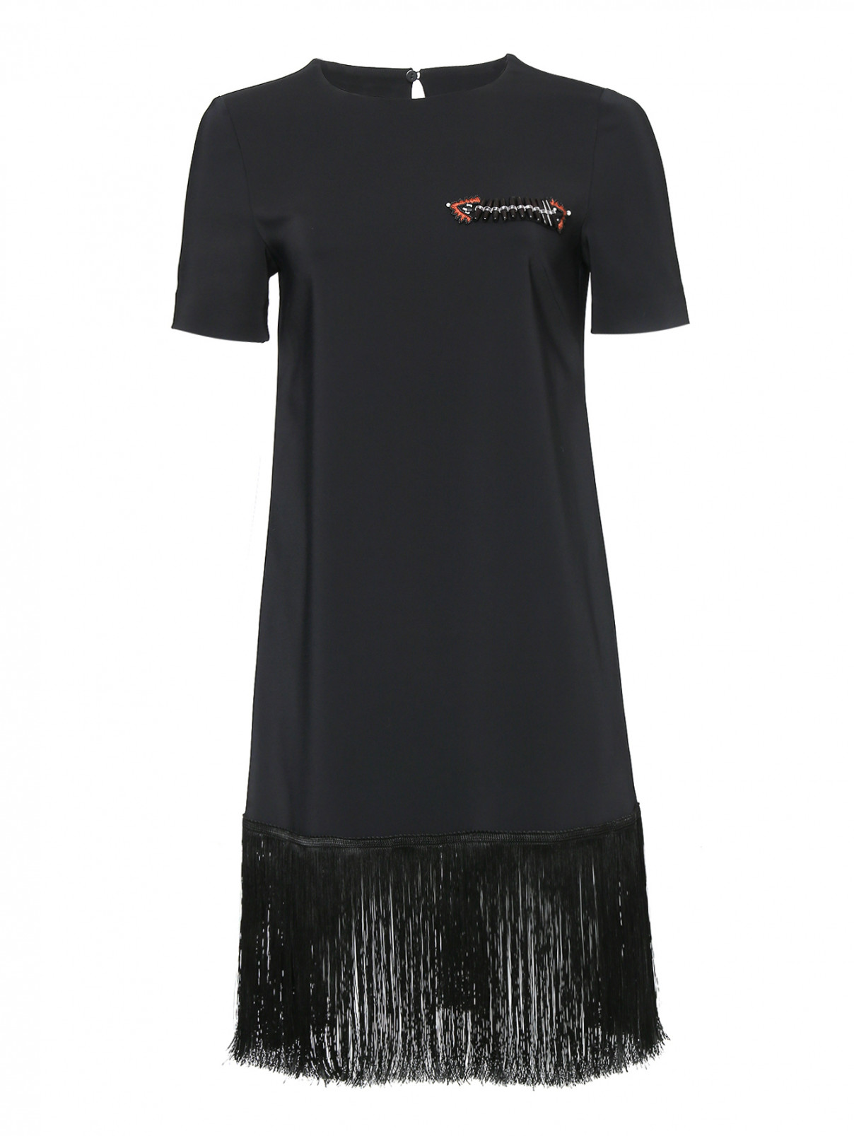 Платье прямого силуэта с бахромой и декором Alberta Ferretti  –  Общий вид  – Цвет:  Черный
