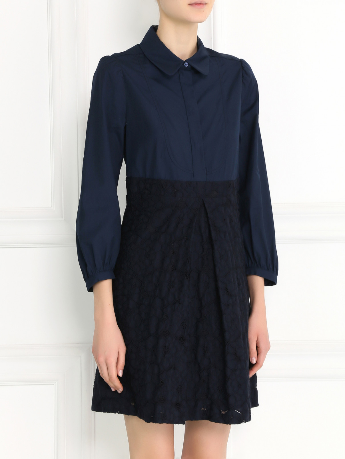 Платье-мини с кружевной юбкой Tara Jarmon  –  Модель Верх-Низ  – Цвет:  Синий