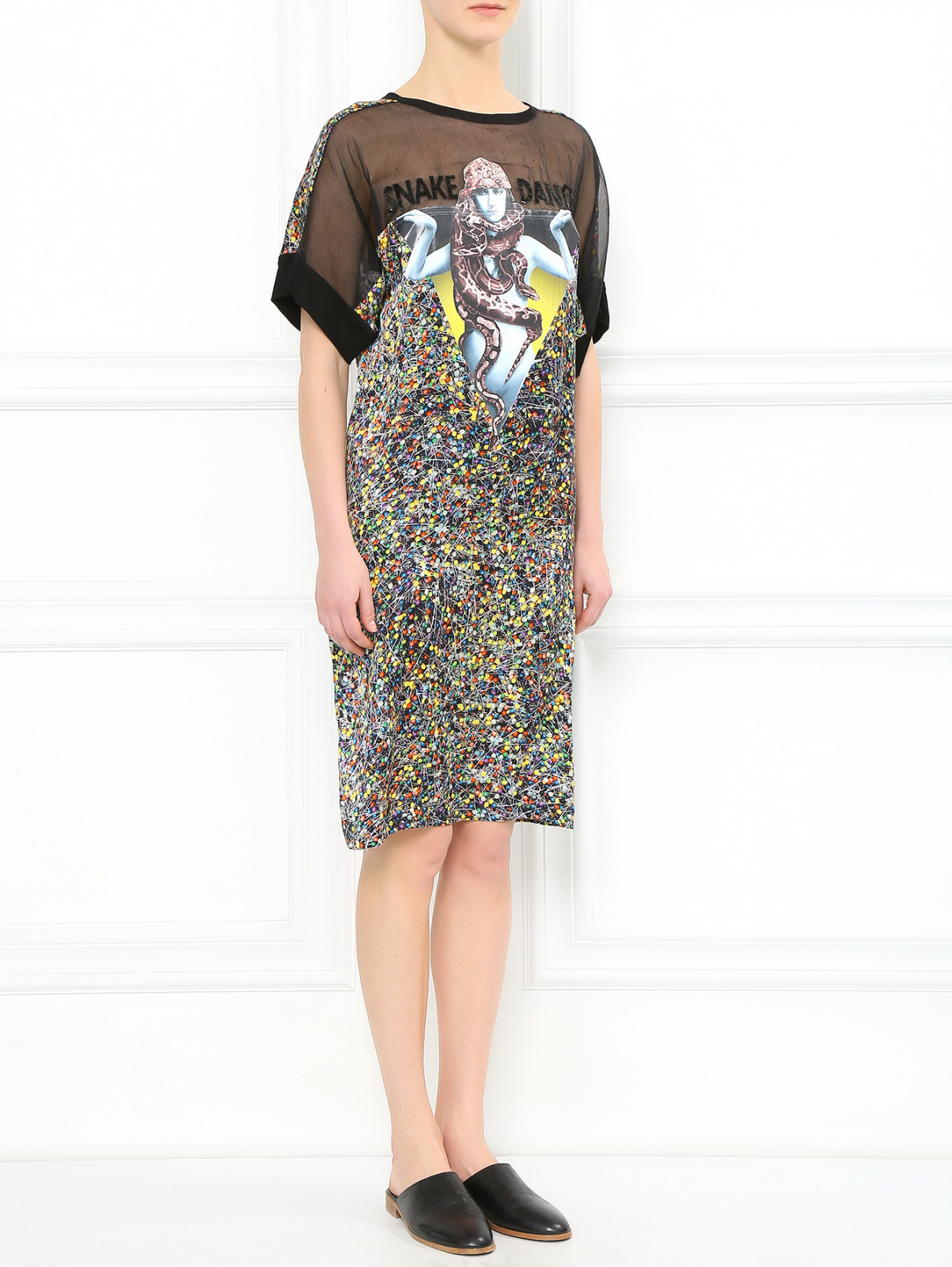 Платье свободного фасона из шелка с узором декорированное пайетками Jean Paul Gaultier  –  Модель Общий вид  – Цвет:  Черный