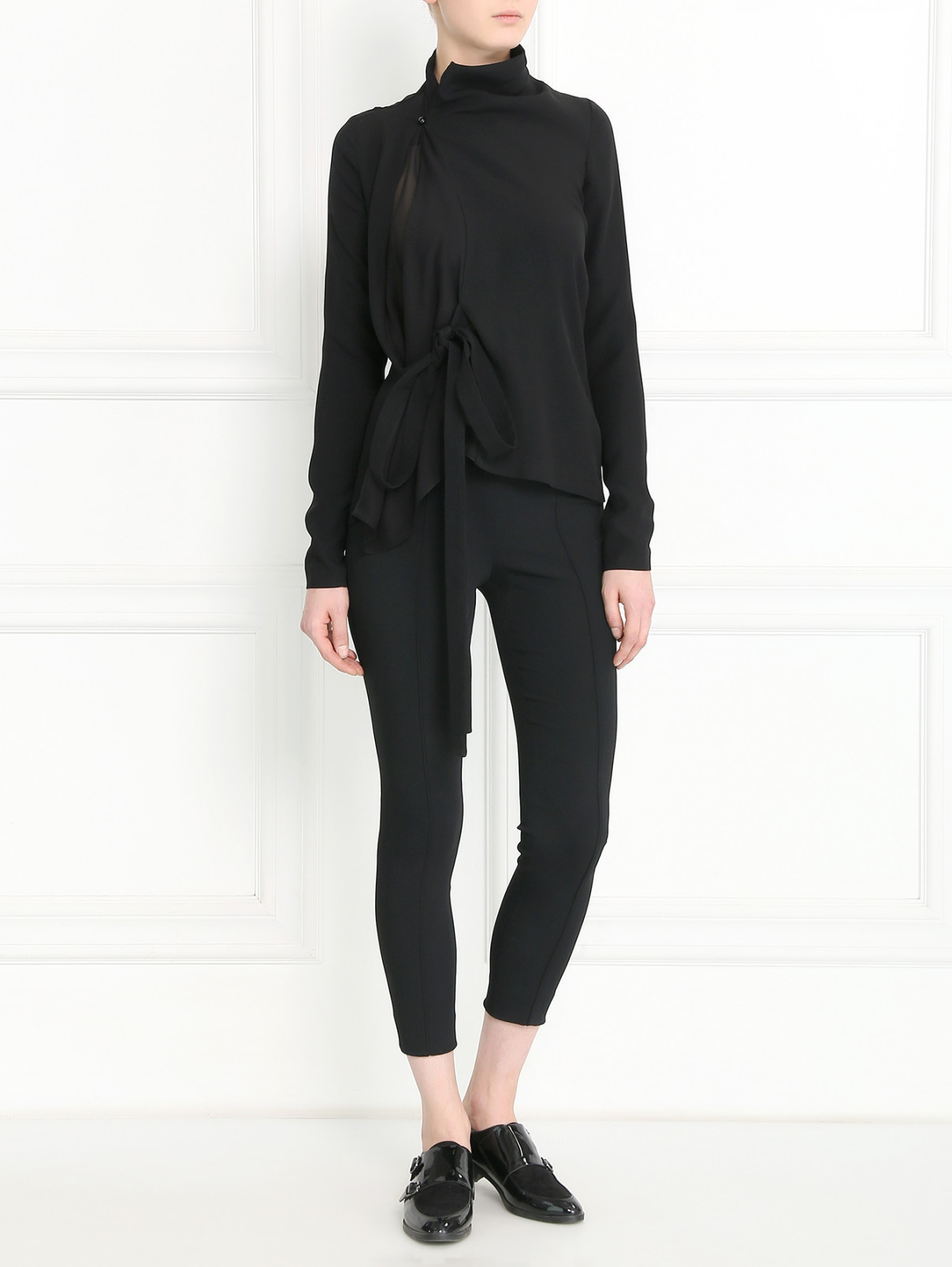Однотонная блуза с драпировкой и поясом Jean Paul Gaultier  –  Модель Общий вид  – Цвет:  Черный