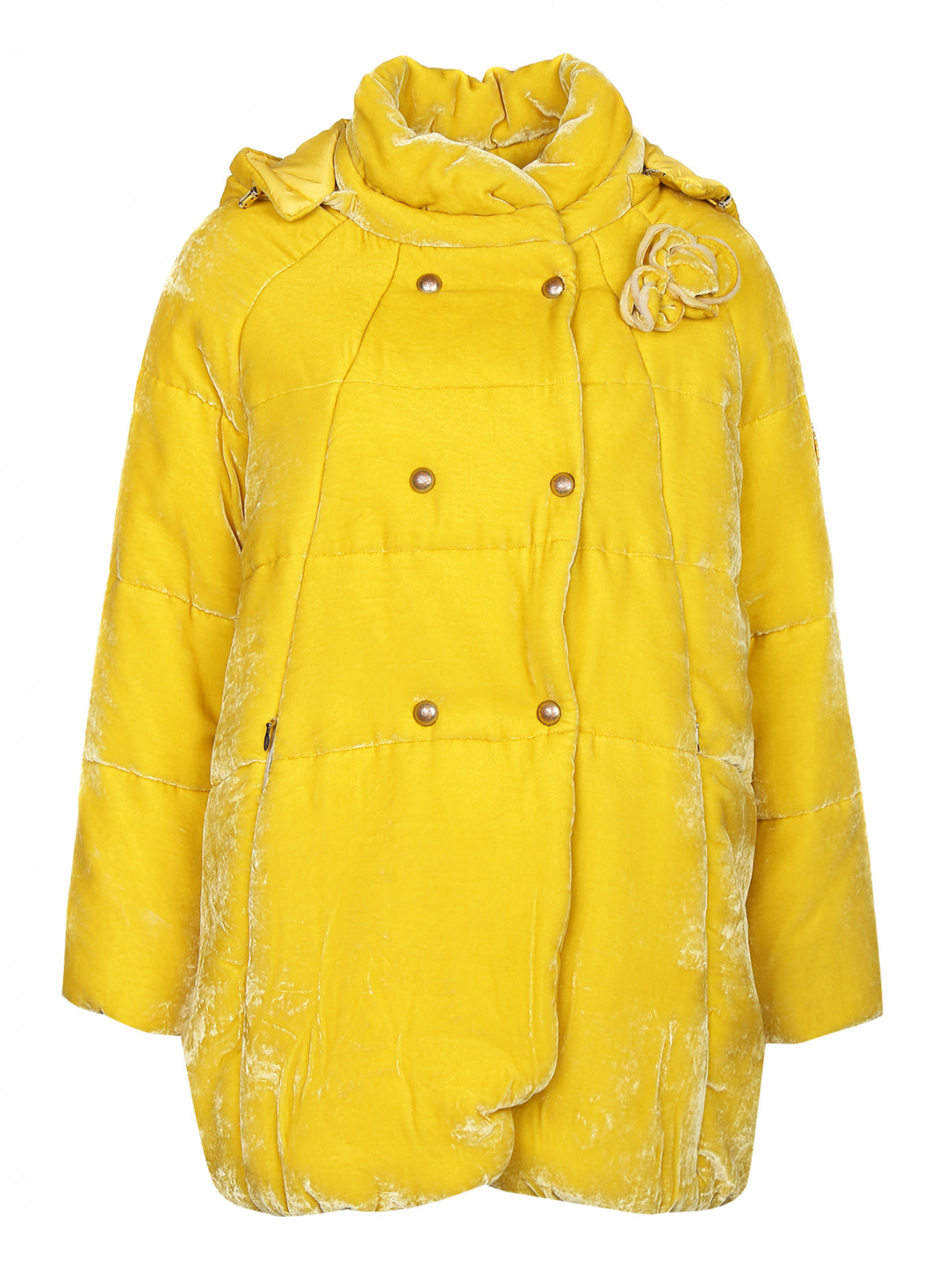 Бархатное пальто с капюшоном Ermanno Scervino Junior  –  Общий вид  – Цвет:  Желтый