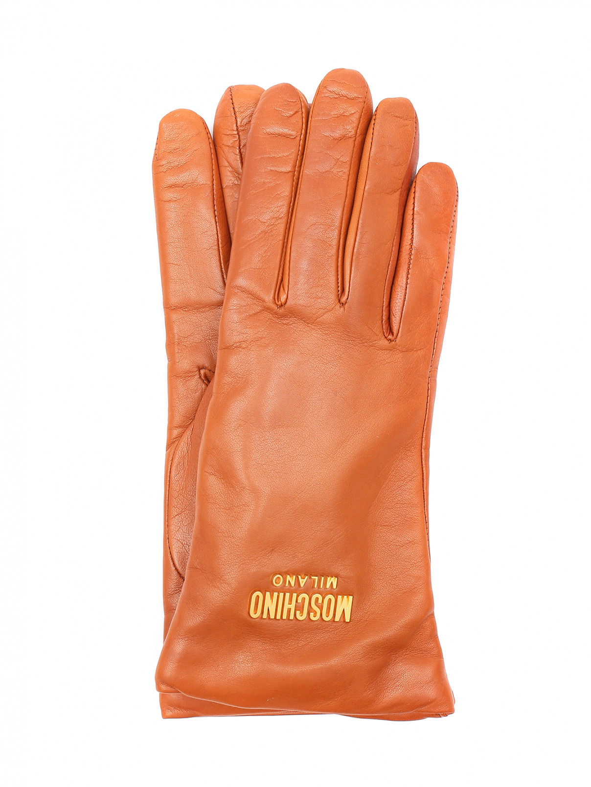 Перчатки из кожи с логотипом Moschino  –  Общий вид  – Цвет:  Коричневый