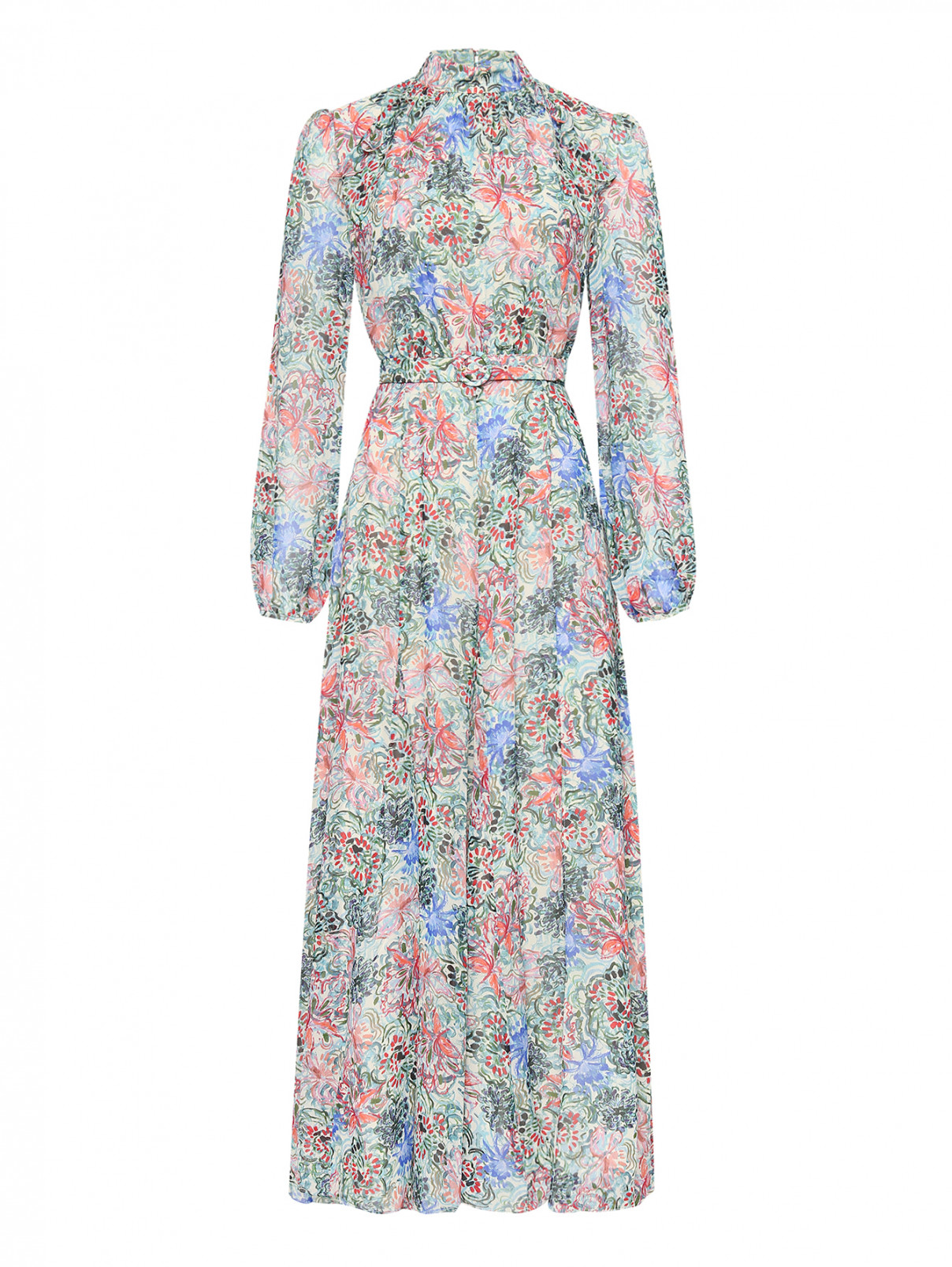 Платье из шелка с поясом Saloni  –  Общий вид  – Цвет:  Мультиколор