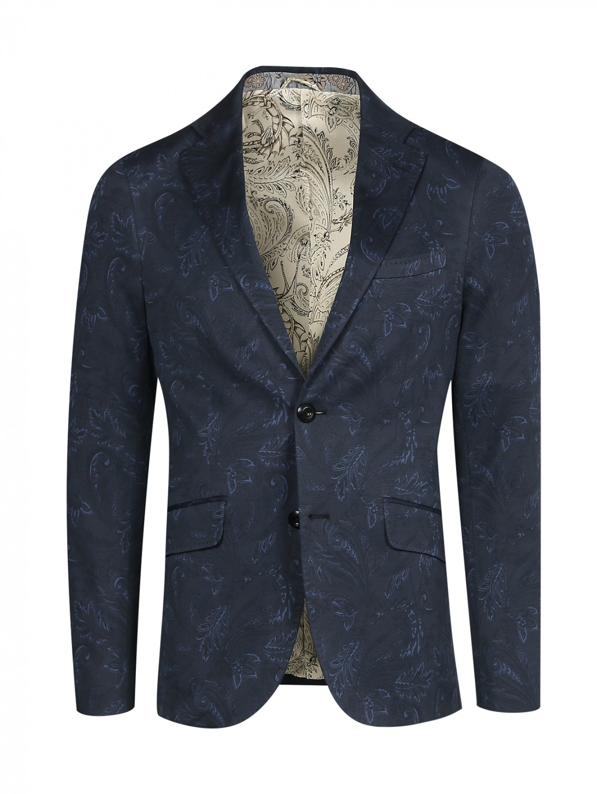 Пиджак однобортный из хлопка с узором Etro  –  Общий вид  – Цвет:  Синий
