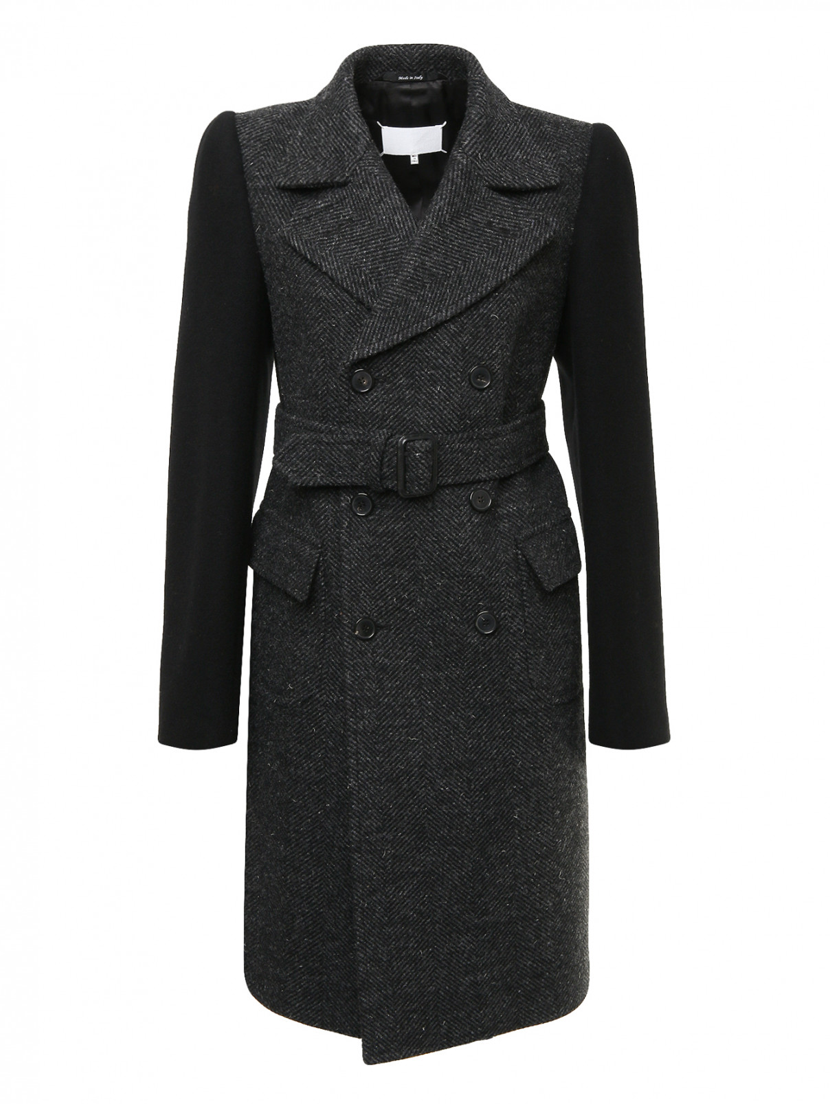 Двубортное пальто из шерсти с поясом Maison Margiela  –  Общий вид  – Цвет:  Узор