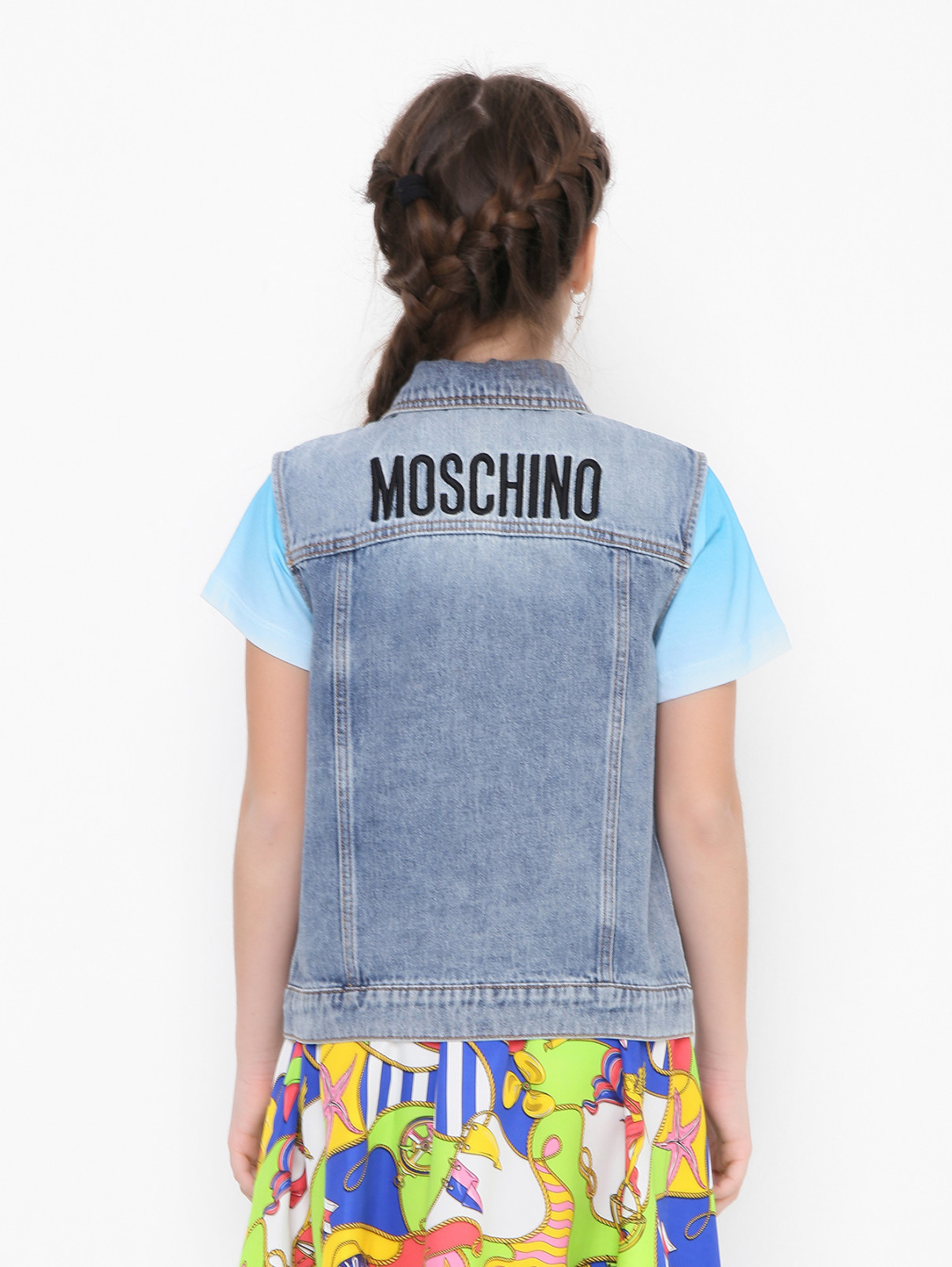 Жилет из денима с нашивками Moschino  –  МодельВерхНиз1  – Цвет:  Синий