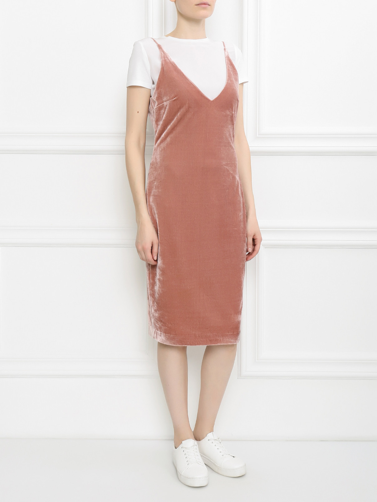 Бархатное платье-миди с разрезом Keepsake  –  Модель Общий вид  – Цвет:  Розовый