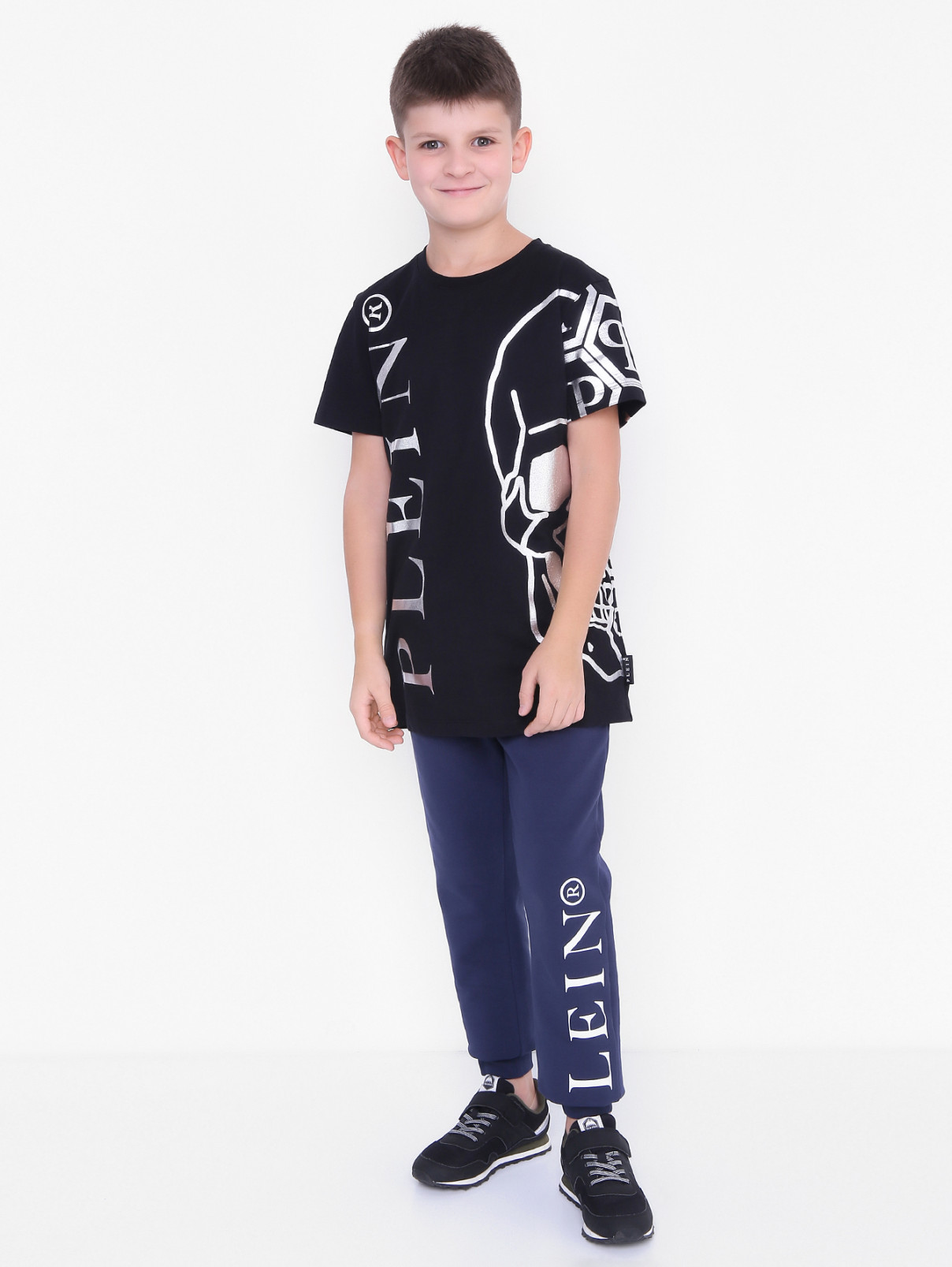 Хлопковая футболка с металлизированным принтом Philipp Plein  –  МодельОбщийВид  – Цвет:  Черный