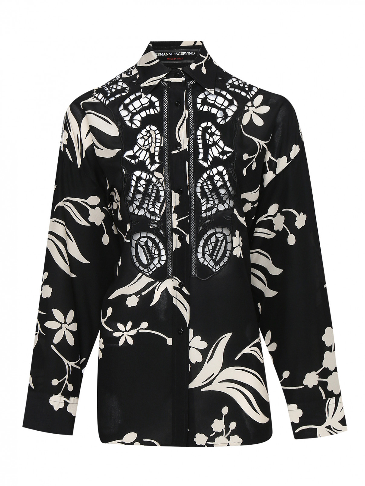 Блуза из шелка с узором и вышивкой Ermanno Scervino  –  Общий вид  – Цвет:  Черный