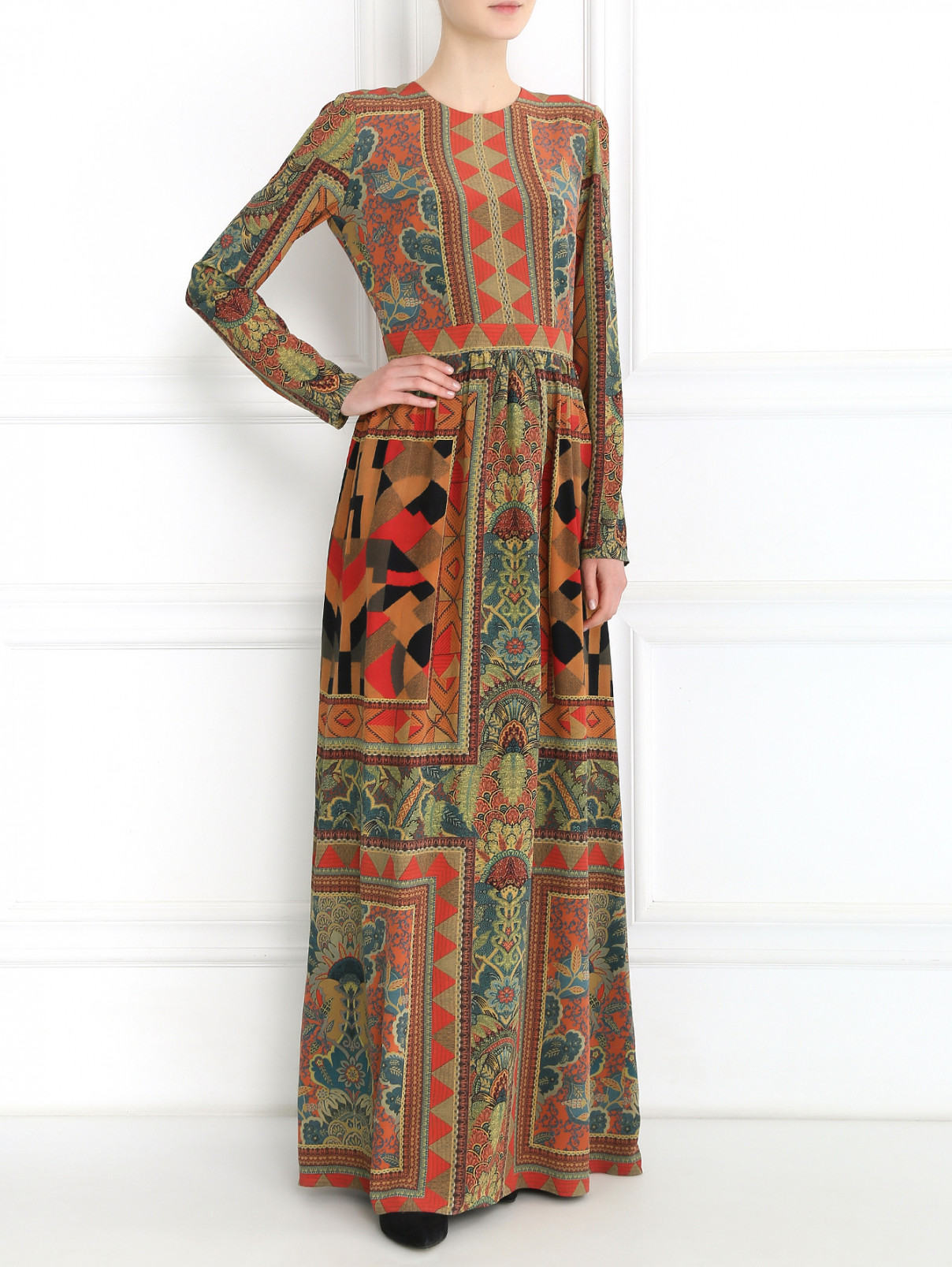 Платье-макси из шелка с узором и длинными рукавами Etro  –  Модель Общий вид  – Цвет:  Мультиколор