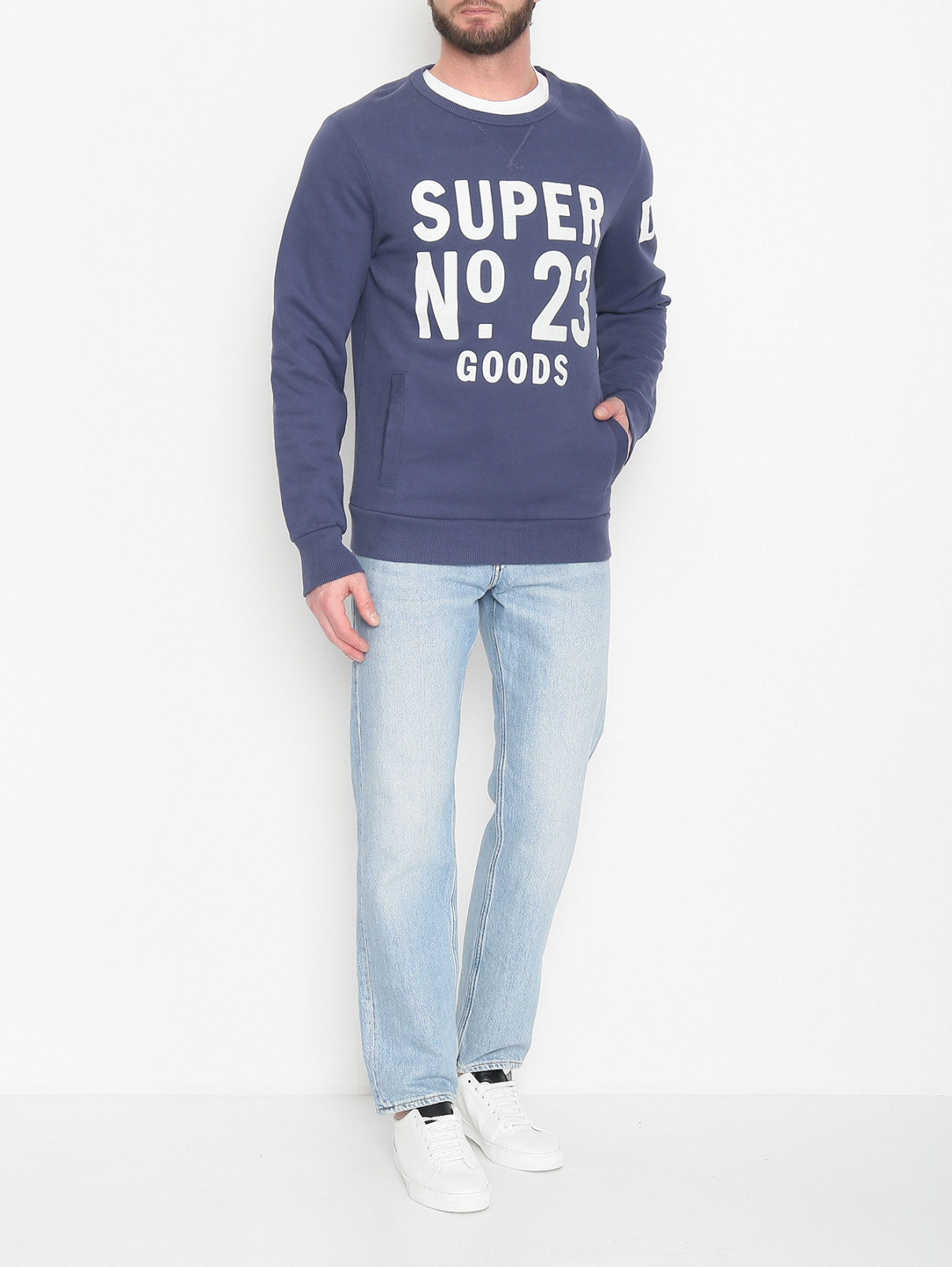 Толстовка из хлопка с принтом SuperDry  –  МодельОбщийВид  – Цвет:  Синий