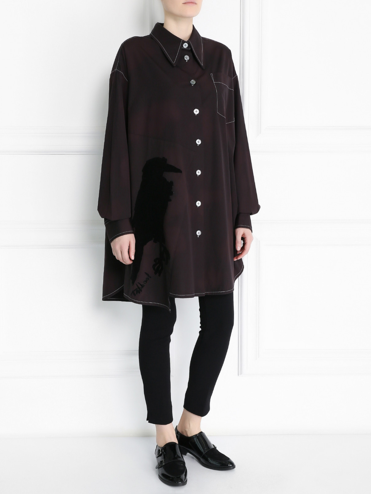 Блуза свободного кроя с принтом и контрастной отделкой Marc Jacobs  –  Модель Общий вид  – Цвет:  Коричневый