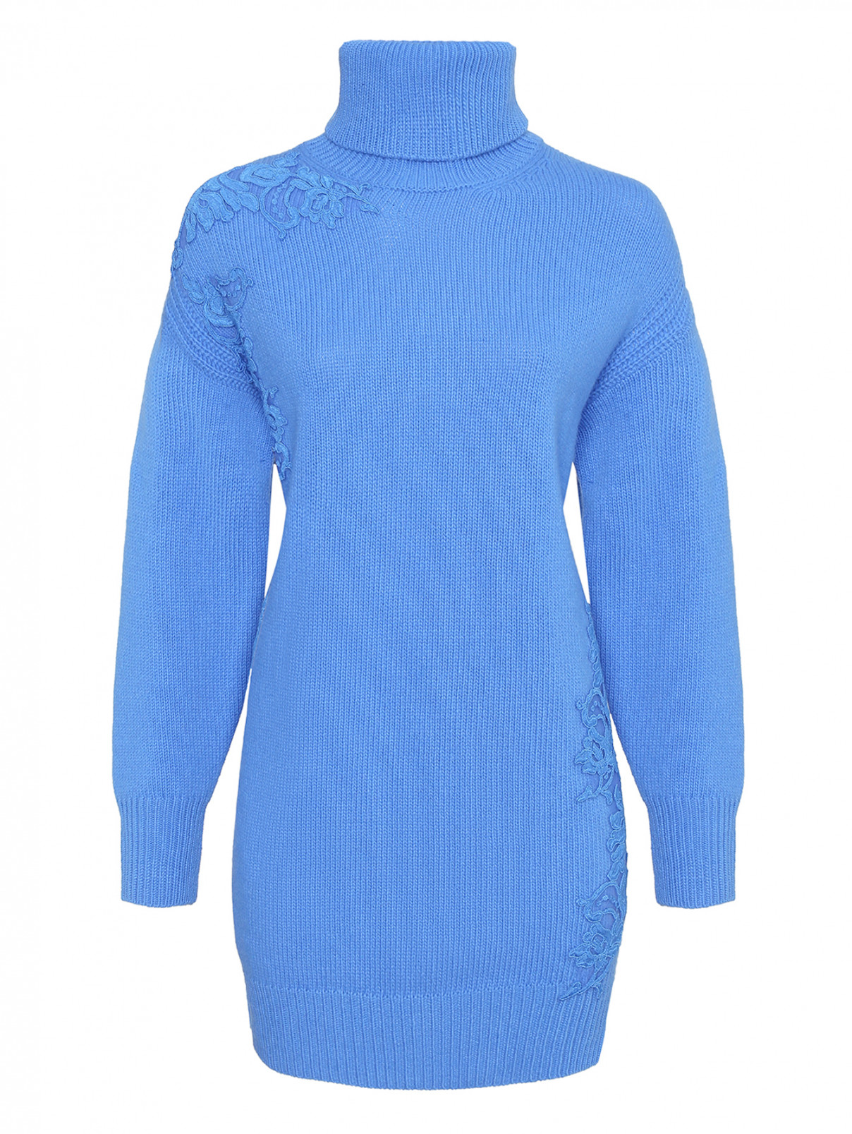 Трикотажное платье с кружевной аппликацией Ermanno Firenze  –  Общий вид  – Цвет:  Синий