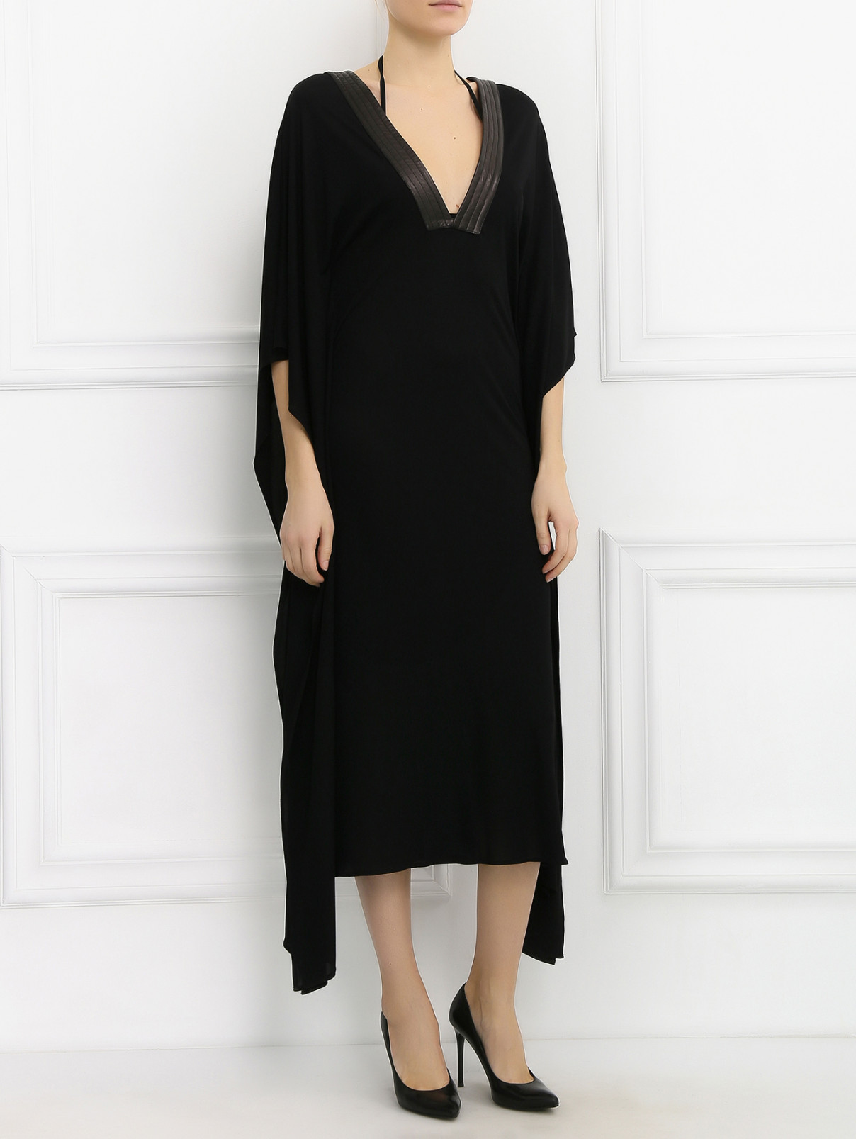 Платье-макси с кожаной отделкой Barbara Bui  –  Модель Общий вид  – Цвет:  Черный