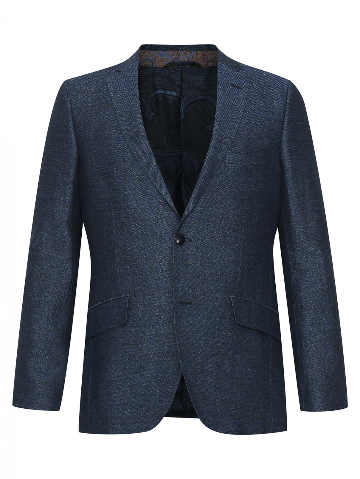 Шерстяной однобортный пиджак с принтом Etro  –  Общий вид  – Цвет:  Синий