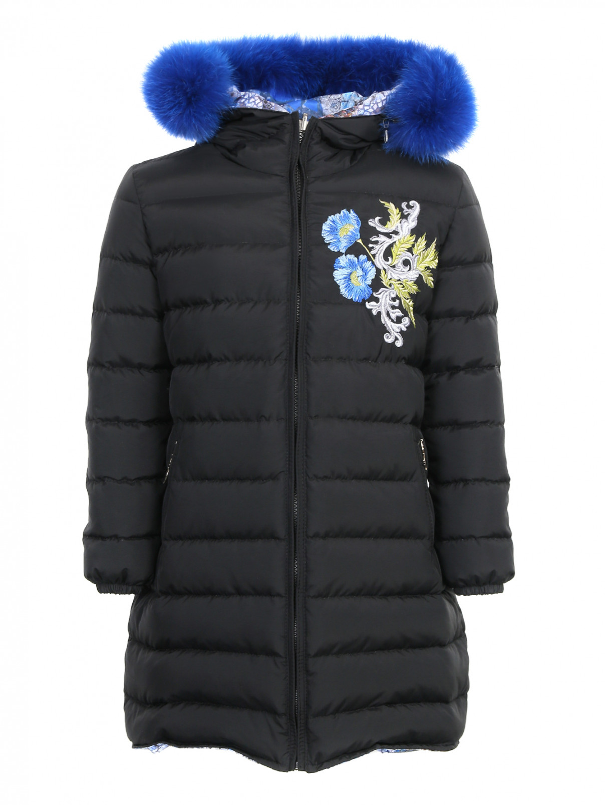 Пальто пуховое с мехом на капюшоне и вышивкой Manudieci  –  Общий вид  – Цвет:  Черный